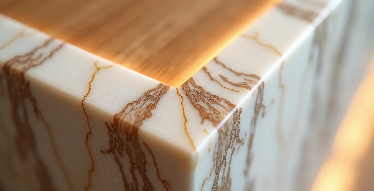 Détail macro de la jonction entre bois noble et marbre poli sur mobilier d'accueil