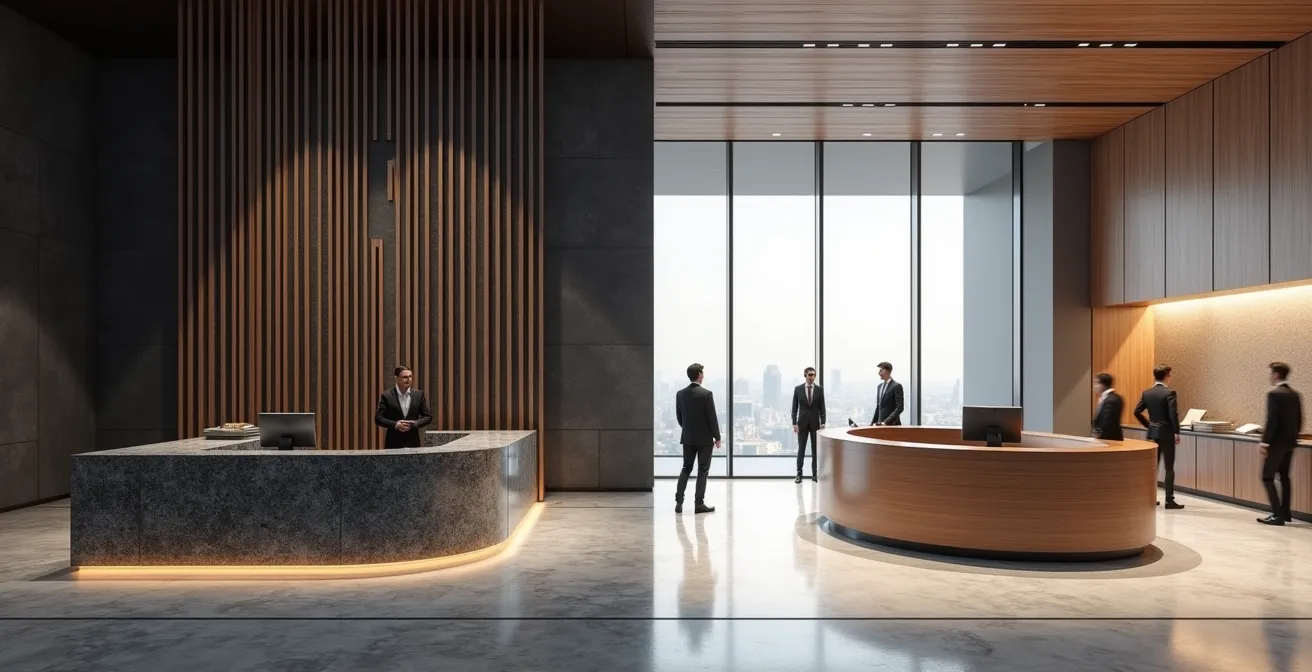 Comparaison visuelle entre comptoir d'accueil haut imposant et bureau ouvert accessible