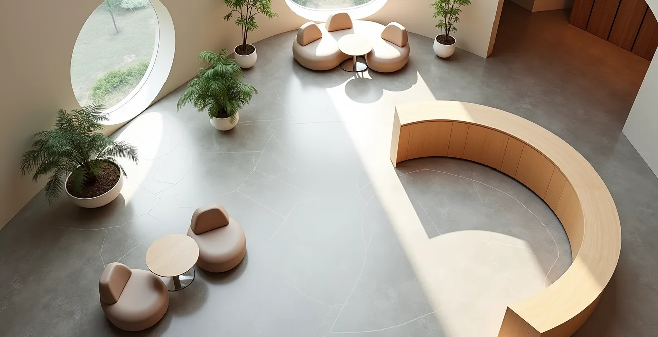 Vue plongeante d'un espace d'accueil épuré avec circulation fluide et zones fonctionnelles