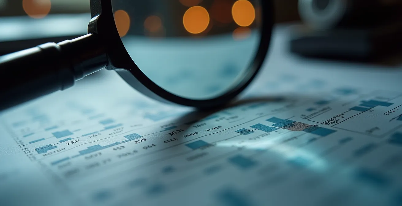 Gros plan sur une loupe examinant des documents financiers avec des indicateurs de performance abstraits