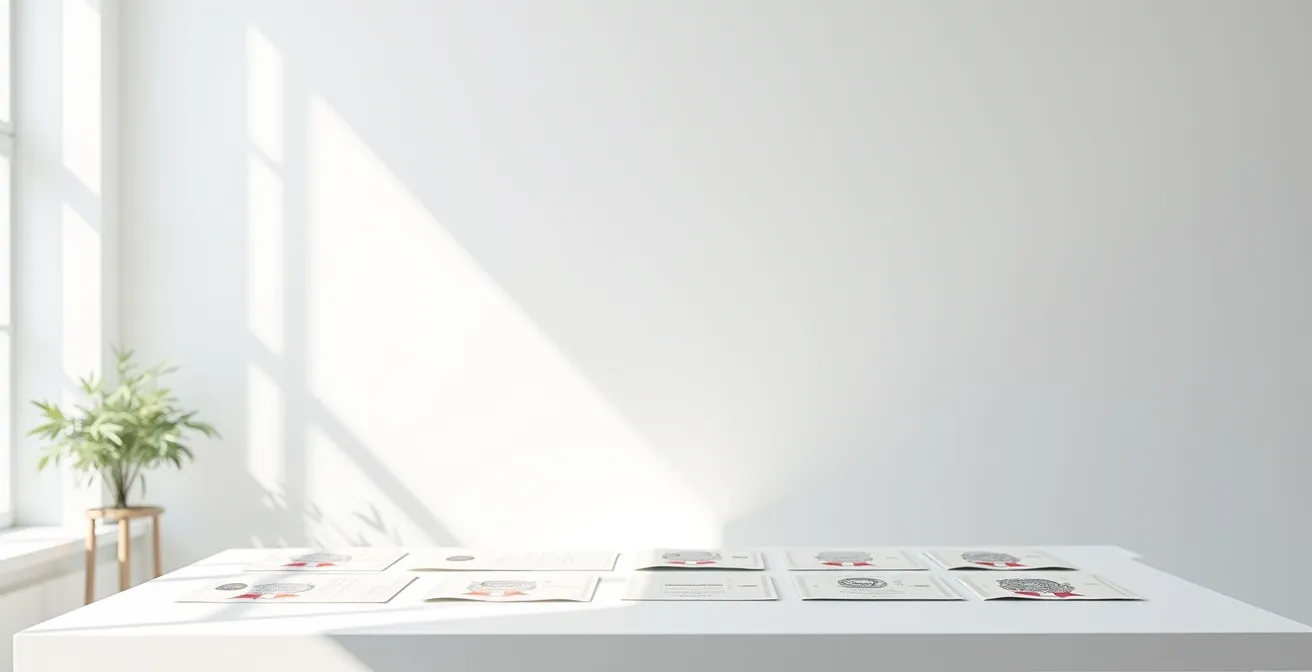 Vue d'ensemble d'un bureau avec des certificats et documents de validation disposés harmonieusement