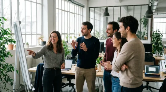 Équipe start-up française en discussion animée autour d'un tableau blanc dans un open space moderne
